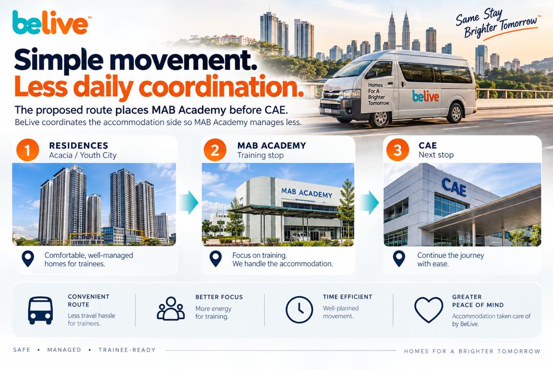 BeLive shuttle route: residences, then MAB Academy, then CAE