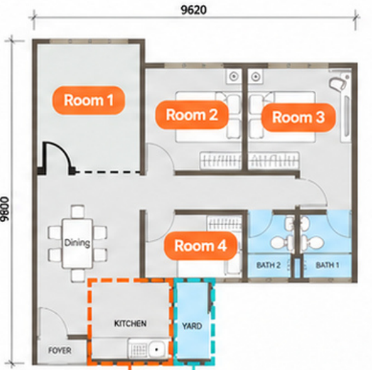 Acacia 4-room floorplan with Rooms 1 to 4 marked