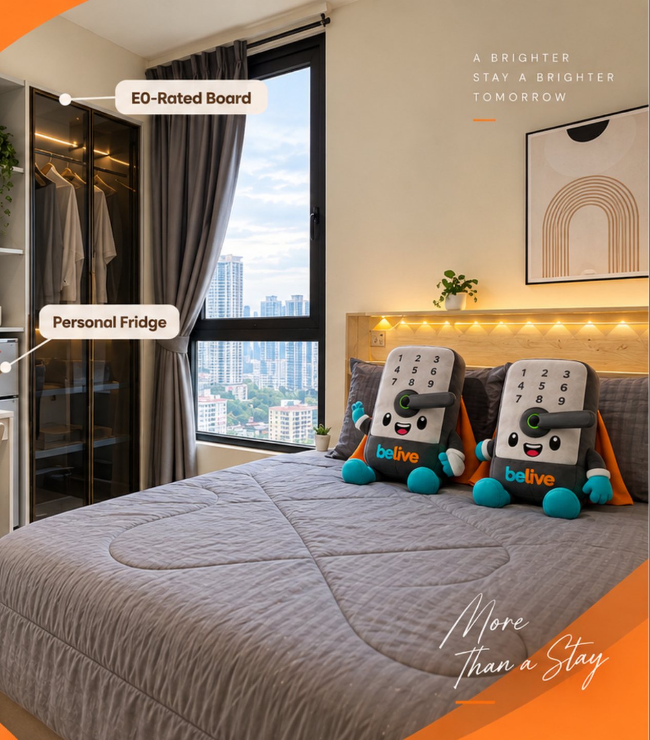 BeLive room with E0-rated wardrobe, personal fridge, study desk and smart lock